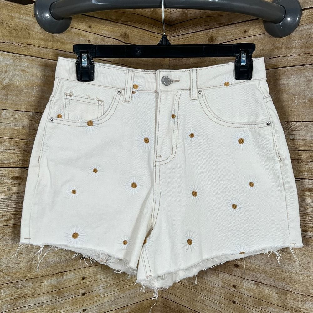 KHAKI & BLUE CUT OFF HIGH RISE FLORAL EMBROIDERED CONCERT FESTIVAL DENIM SHORTS